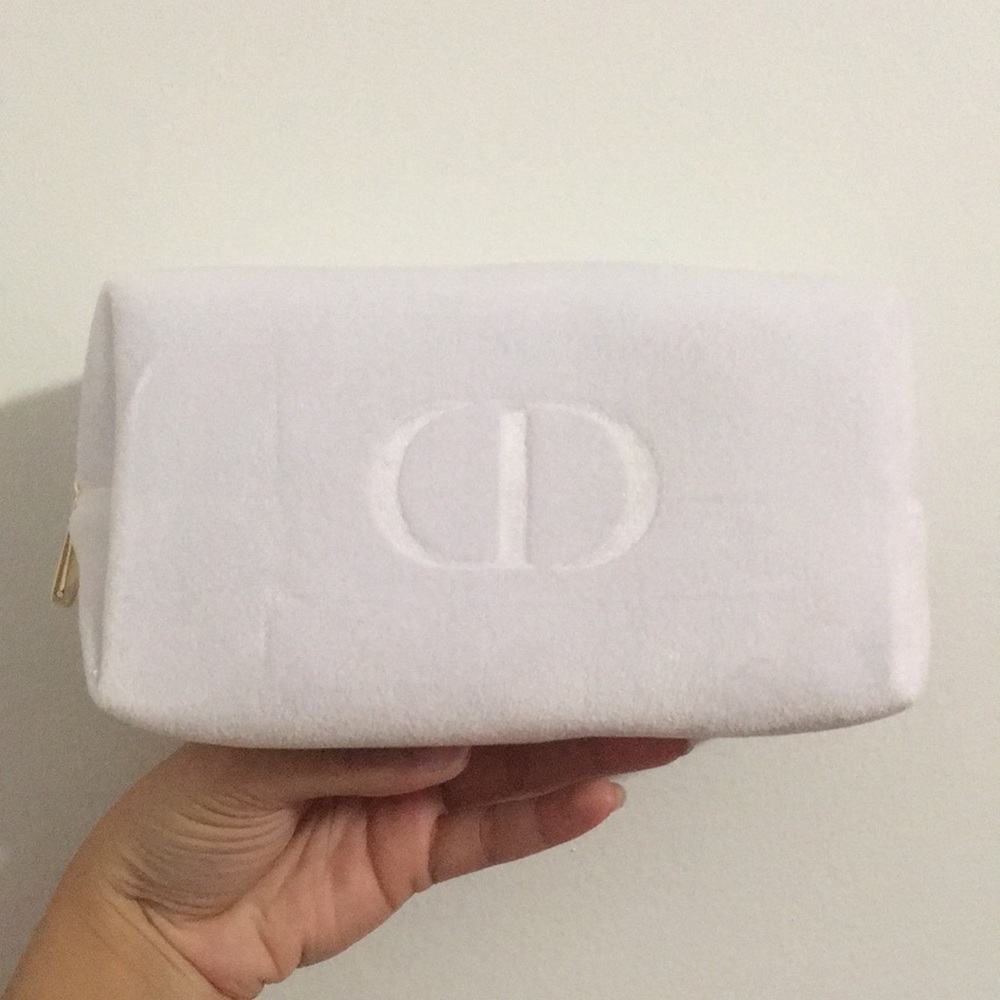Christian Dior Beauty Cream White CD Velvet Zipper Makeup Cosmetic Pouch Bag